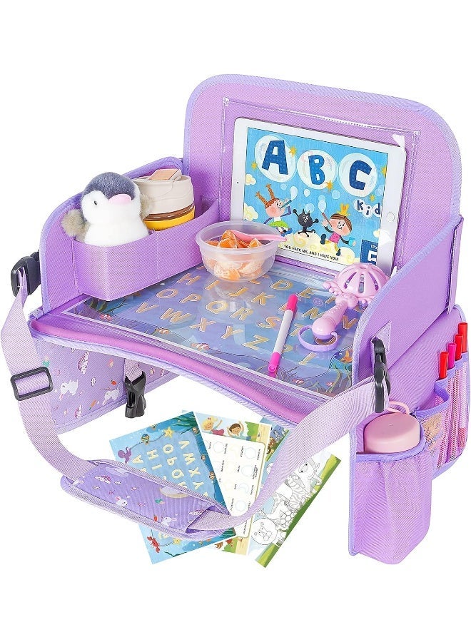 MENZOKE Car Seat Tray for Kids Travel, Car Seat Activity Trays with Educational Drawing Board, Tablet Holder & Cooler Cup Holder, Holiday Gifts for Kids Car Trip, Purple - Image 1